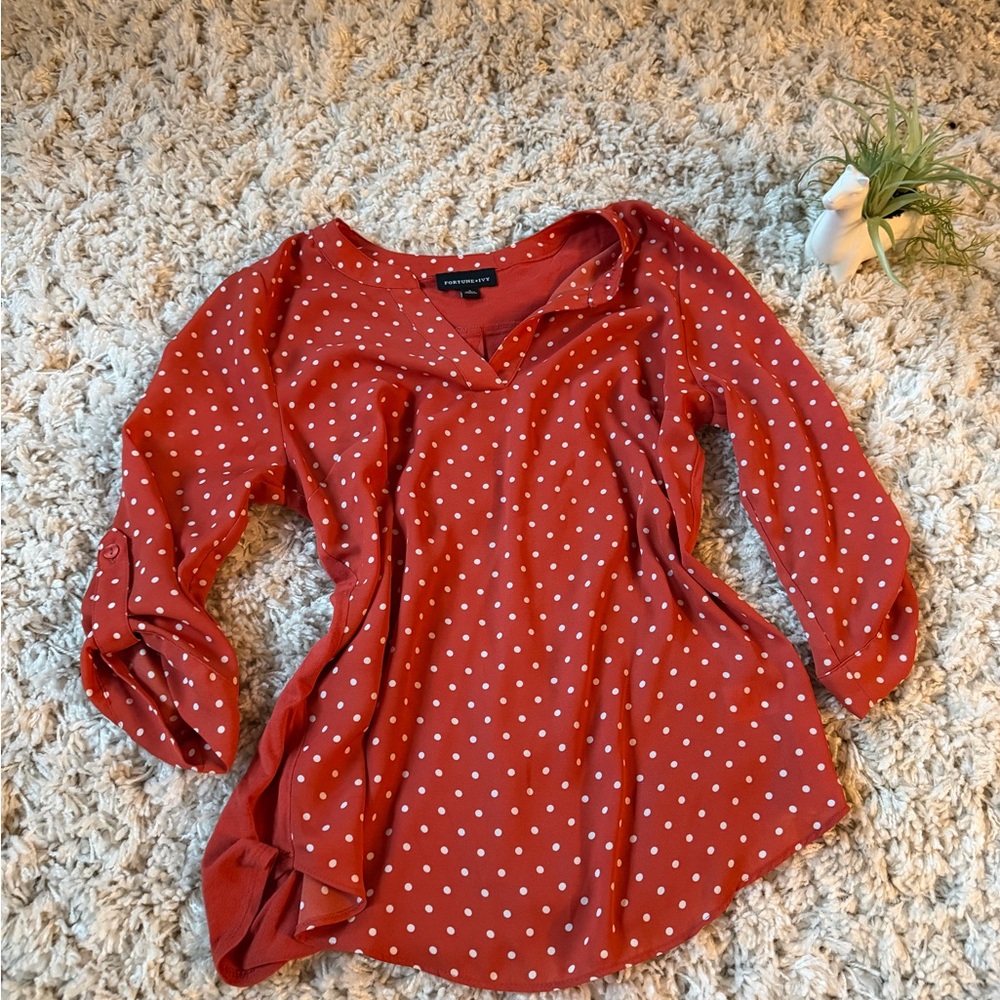 Fortune and Ivy Red Polka Dot Super Cute Long sleeve Blouse with White Dots